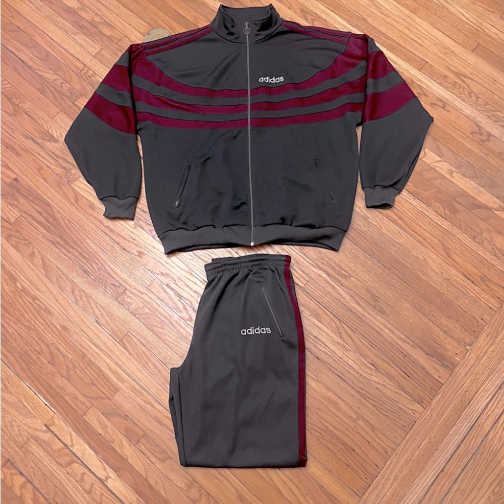 Vtg 80s Adidas Polyester Gray Maroon 58 Track Suit Jacket XXL Pants Soccer Yeezy
